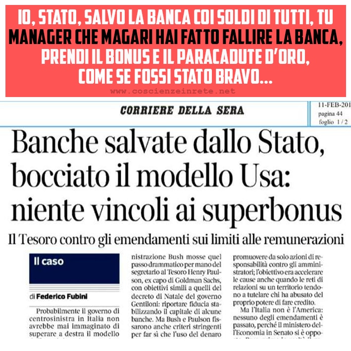 Scopri di più sull'articolo Banche salvate con soldi pubblici, ma i manager si tengono bonus e paracadute d’oro…